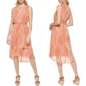 Tommy Hilfiger Casbah Paisley Chiffon High-low Midi Dress, Coral Multi, Size 18